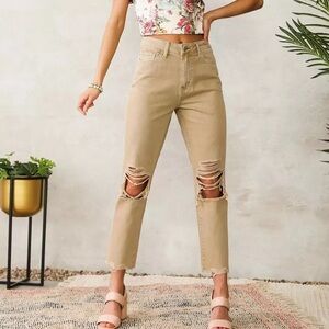 Bridge by Gly mom jeans red clay tan distressed raw hem